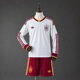 Spanien VM 2026 Bortaställ Barn Långärmat Off-white och Vinröd Fotbollsställ med Shorts