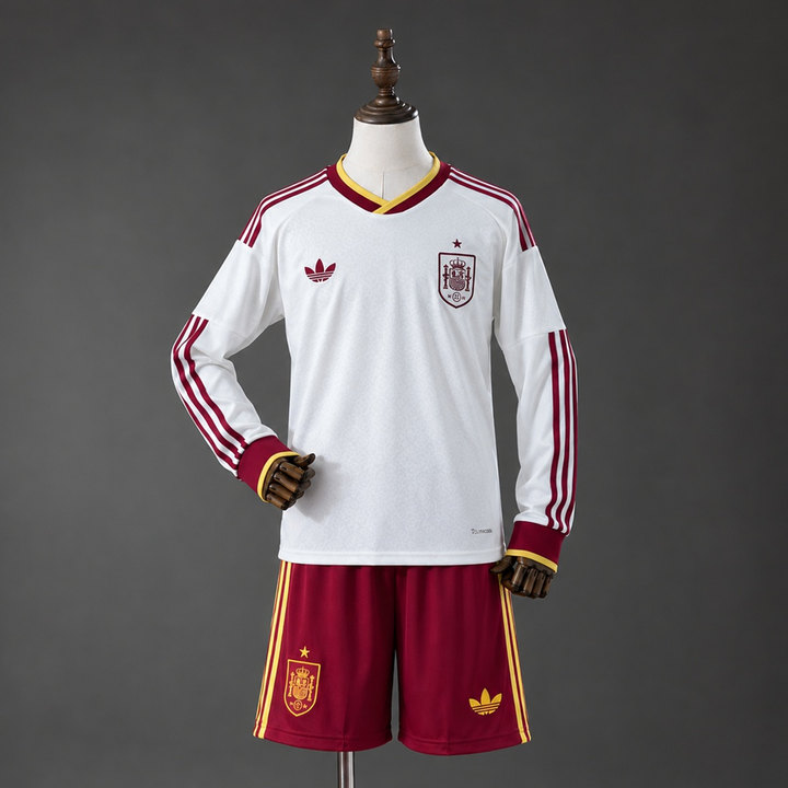 Spanien VM 2026 Bortaställ Barn Långärmat Off-white och Vinröd Fotbollsställ med Shorts