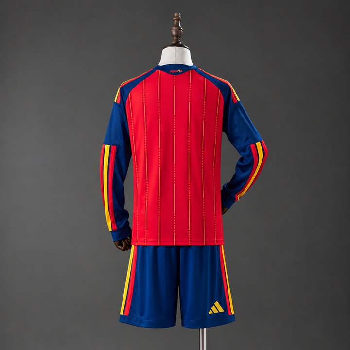 Spanien VM 2026 Hemmaställ Barn Långärmat Röd och Mörkblå Fotbollsställ med Shorts
