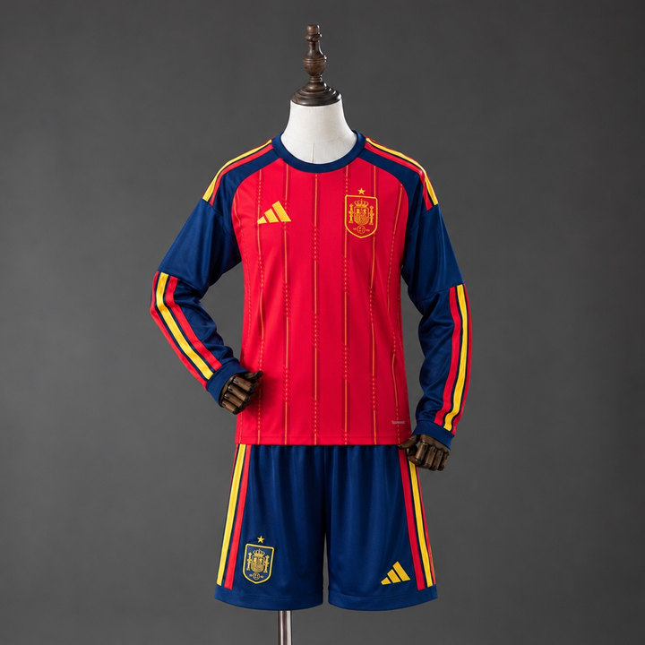 Spanien VM 2026 Hemmaställ Barn Långärmat Röd och Mörkblå Fotbollsställ med Shorts