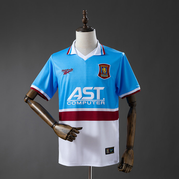 Aston Villa 1997/98 Retro Bortatröja Herr Ljusblå Vit och Vinröd Fotbollströja
