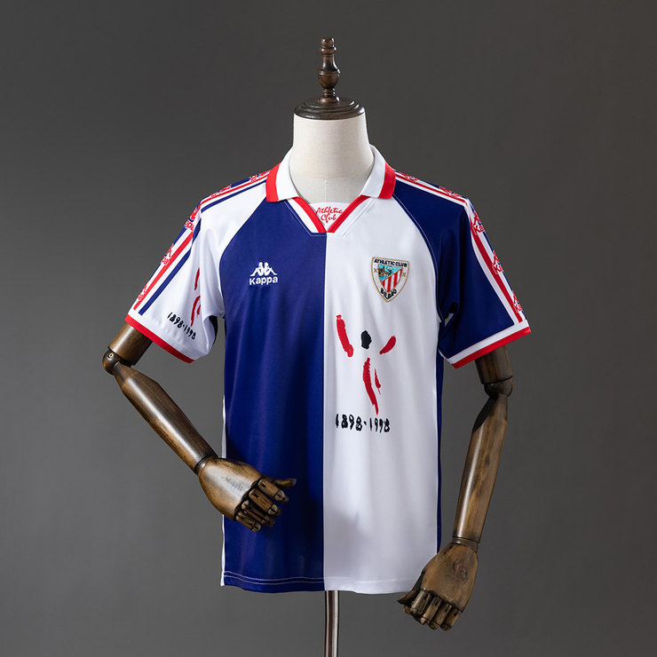 Athletic Bilbao 1997/98 Retro Bortatröja Herr Vit Marinblå och Röd Fotbollströja