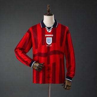 England 1998 Retro Bortatröja Herr Långärmad Röd Vinröd och Marinblå Fotbollströja