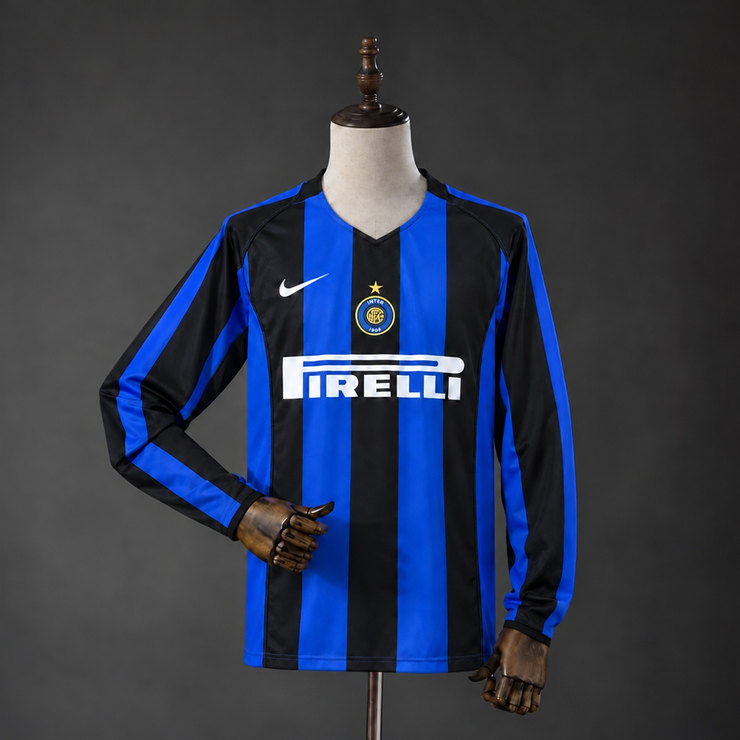 Inter Milan 2004/05 Retro Hemmatröja Herr Långärmad Blå och Svart Fotbollströja