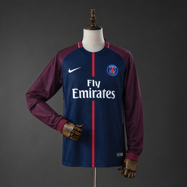 Paris Saint-Germain PSG 2017/18 Retro Hemmatröja Herr Långärmad Marinblå och Vinröd Fotbollströja