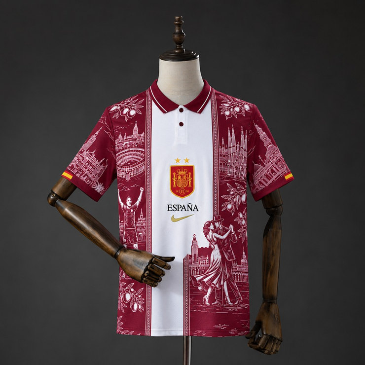Spanien 2026 Specialutgåva Casual Fotbollströja Herr Vinröd och Vit