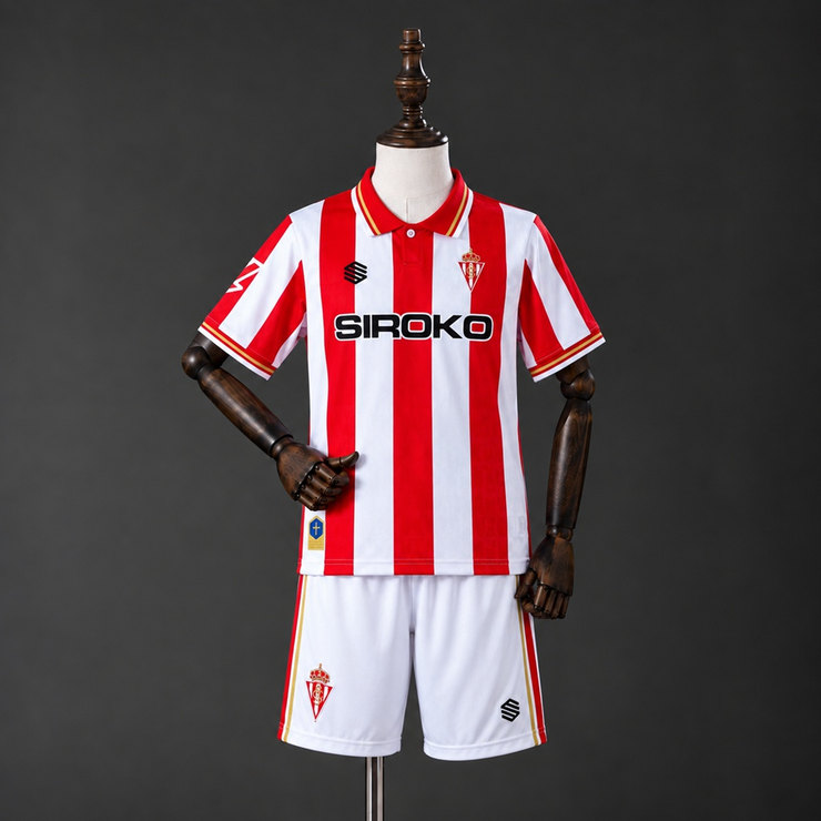 Sporting de Gijón 2026/27 Hemmaställ Barn Röd Vit med Shorts